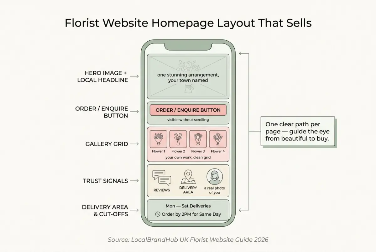Florist website design diagram — a homepage layout showing where the local headline, gallery, order button and delivery area belong