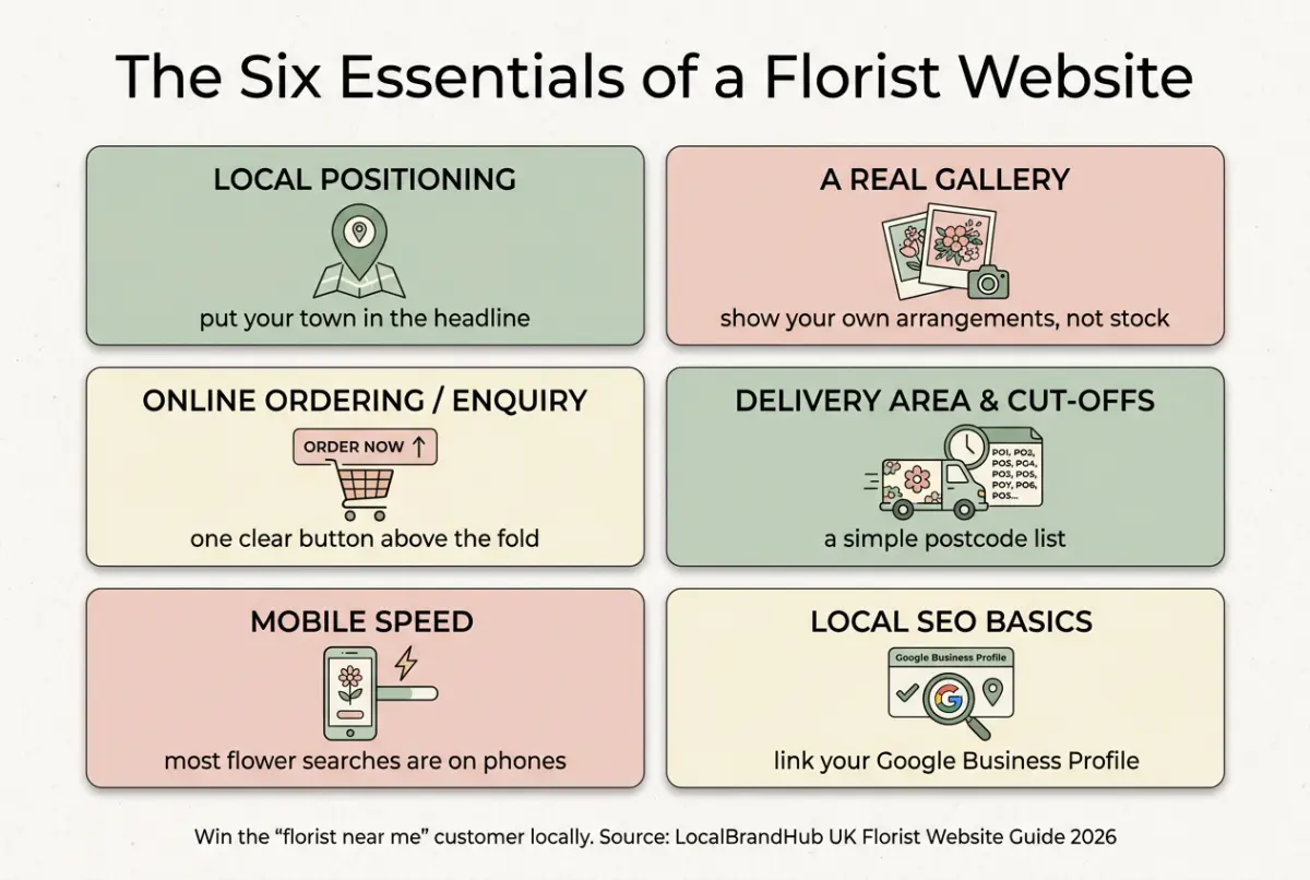 Florist website diagram — the six essentials of a florist website from local positioning and a gallery through online ordering, delivery area, mobile speed and local SEO