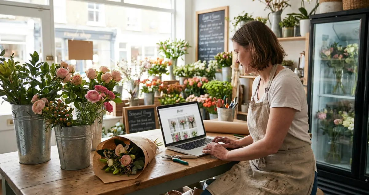 Florist website — a UK florist updating their website on a laptop at the shop bench surrounded by conditioned stems and wrapped bouquets