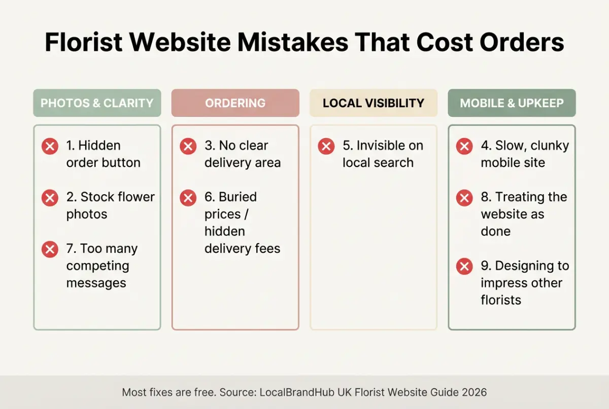 Florist website mistakes diagram — a checklist of nine common florist website errors grouped by photos, ordering, local visibility and mobile