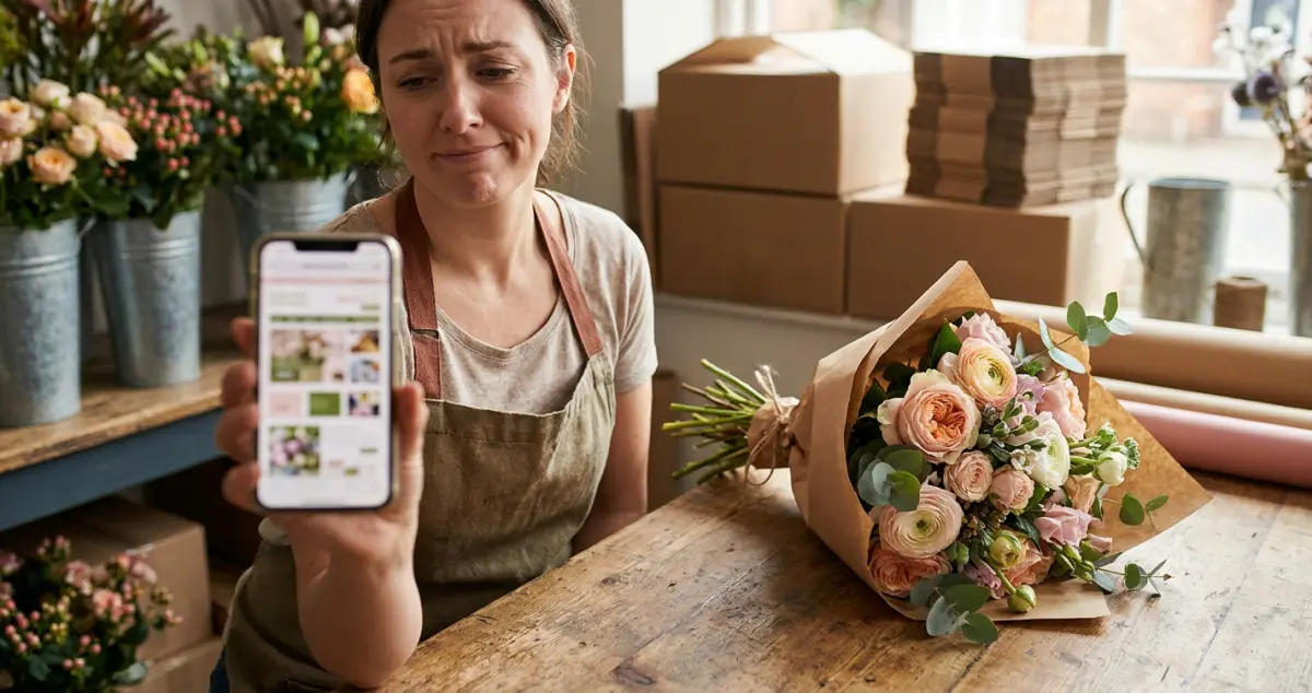 Florist website mistakes — a florist frowning at a cluttered, slow website on a phone beside a beautiful bouquet that deserves better