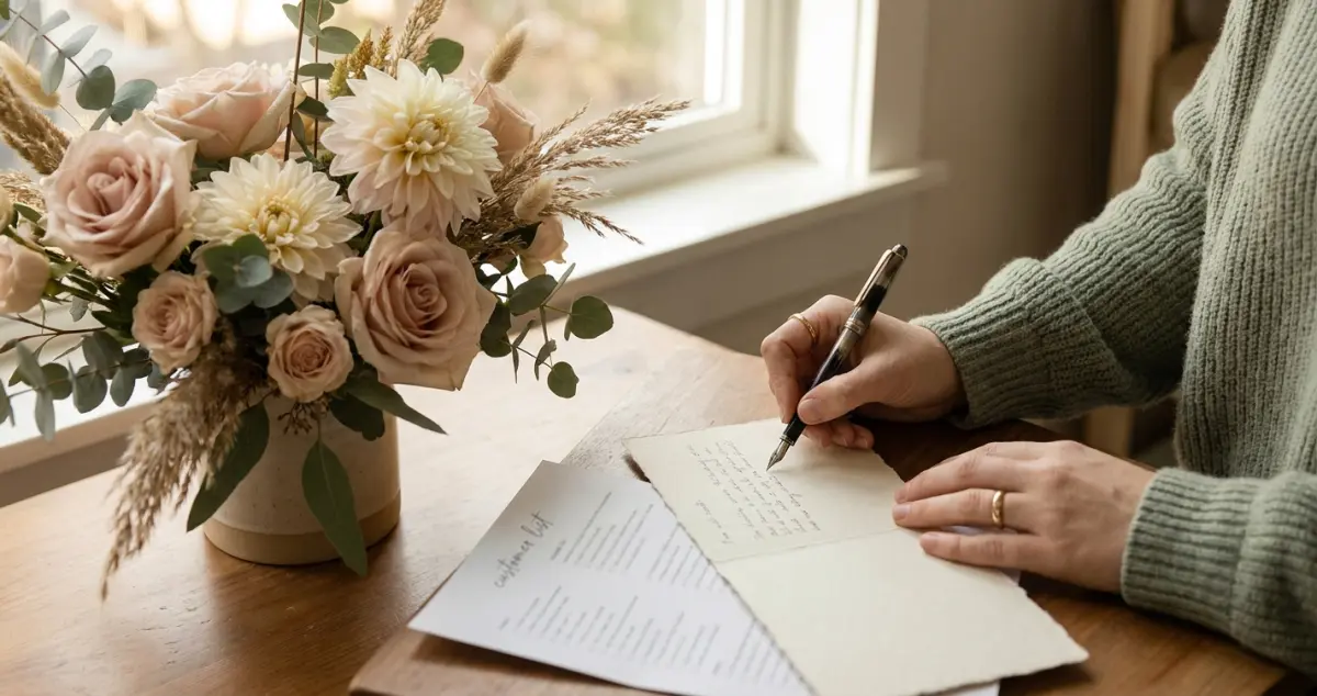 Florist win back campaigns: a florist writing a we-miss-you offer card to a lapsed customer beside a fresh bouquet and a customer list
