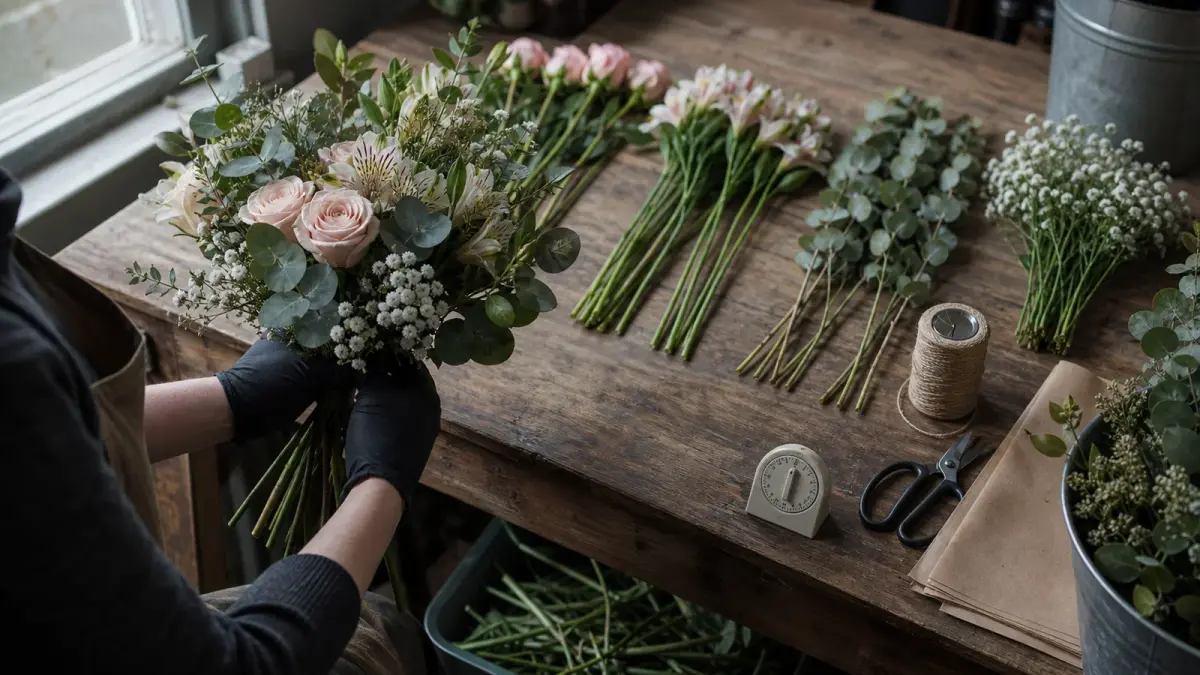 Flower bouquet pricing at the bench, a florist building a hand tied bouquet with stems counted into rows and a timer running beside the wrap