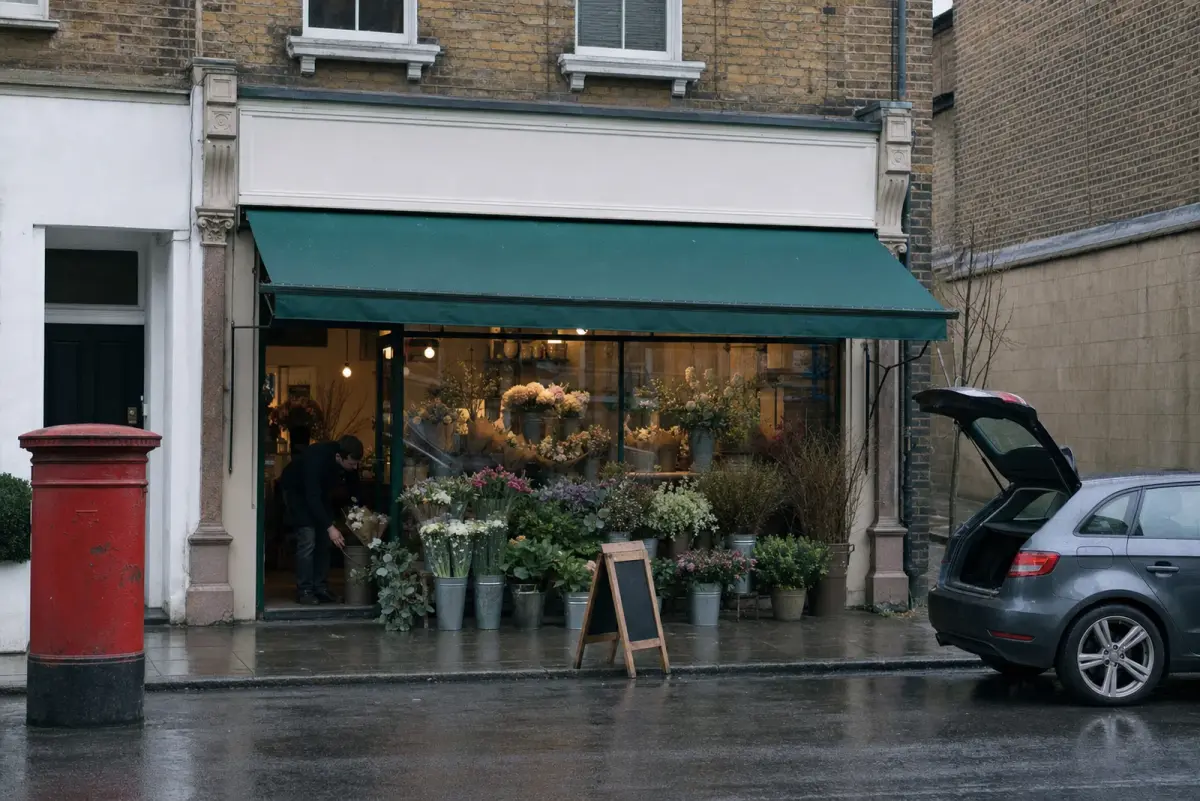A busy British florist shopfront trading with buckets of stems on the pavement and a blank, freshly primed fascia board above the window