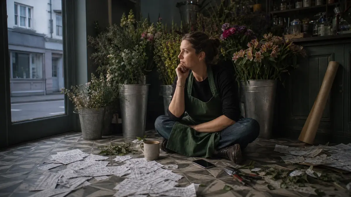 A florist sits on her shop floor after closing, surrounded by scraps of paper covered in rejected flower shop name ideas