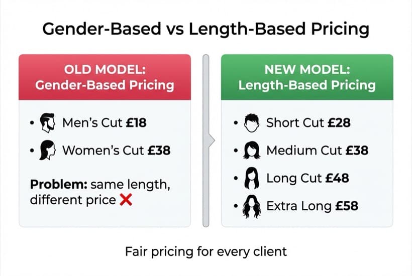 Diagram comparing gender-based pricing versus length-based pricing for gender neutral hair salon pricing