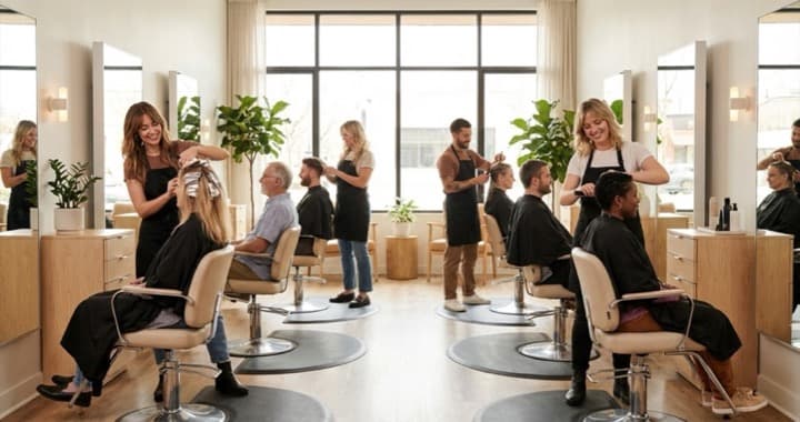 Inclusive hair salon with diverse clients and stylists showing gender neutral pricing in practice