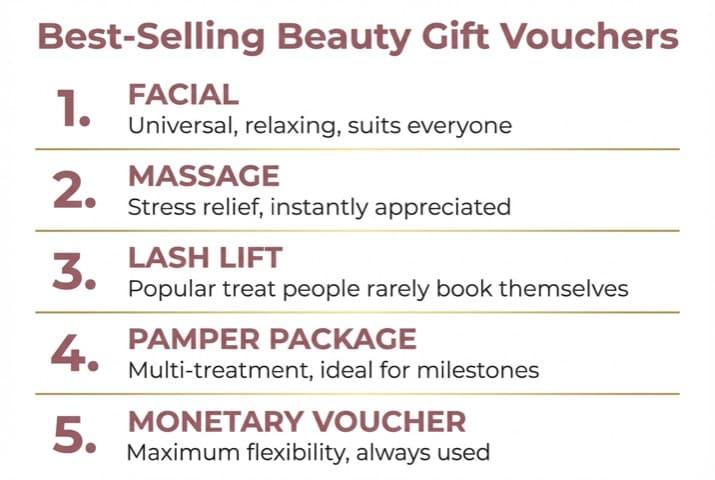 Ranked chart of best-selling beauty gift vouchers: Facial, Massage, Lash Lift, Pamper Package, Monetary Value — infographic breakdown