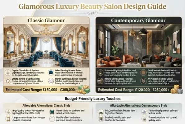 Diagram comparing classic and contemporary glamour salon materials and colour palettes