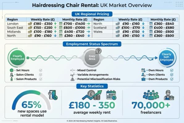 Infographic showing UK hairdressing chair rental pricing by region and employment status spectrum