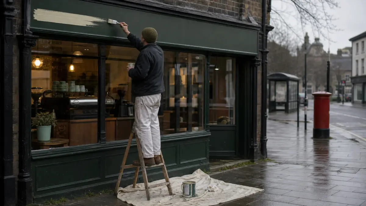 Signwriter painting a blank fascia board above a British high street coffee shop