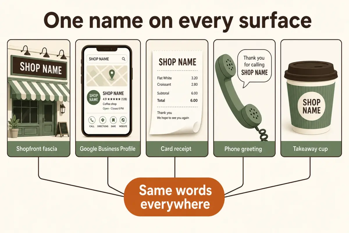 Diagram of one coffee shop name repeated on a fascia, Google profile, receipt and cup