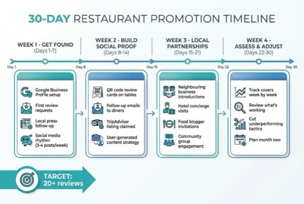 30-day promotion timeline for a newly opened restaurant showing key activities for each week from opening day to month-end review