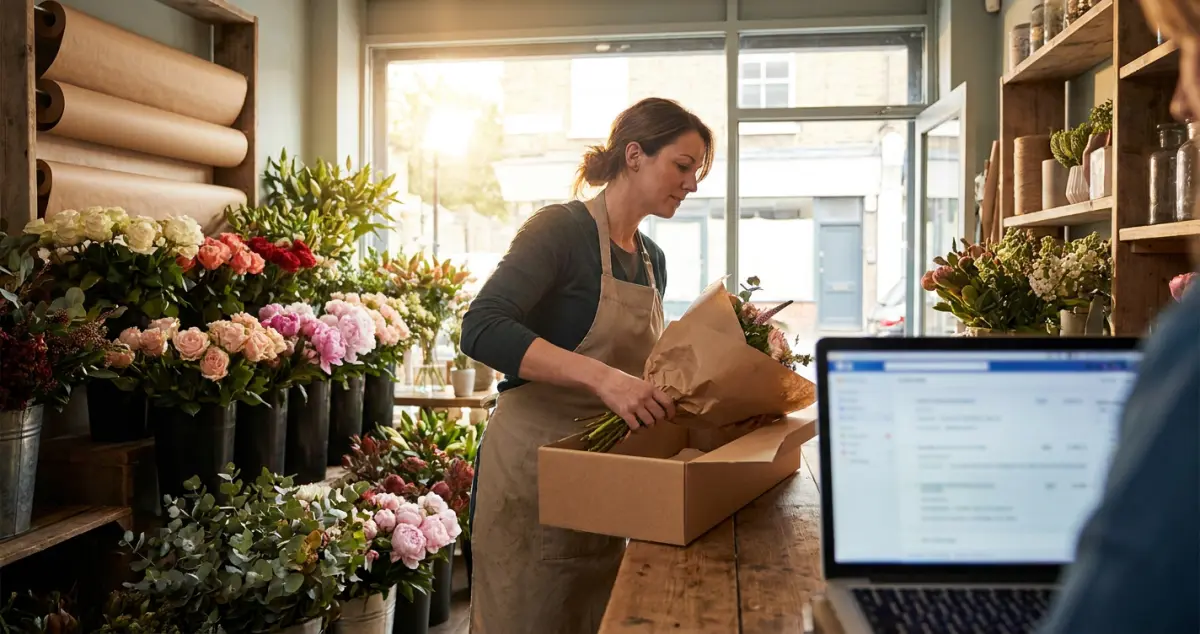 Florist online shop — a florist packing a wrapped bouquet for a local delivery next to a laptop showing online orders