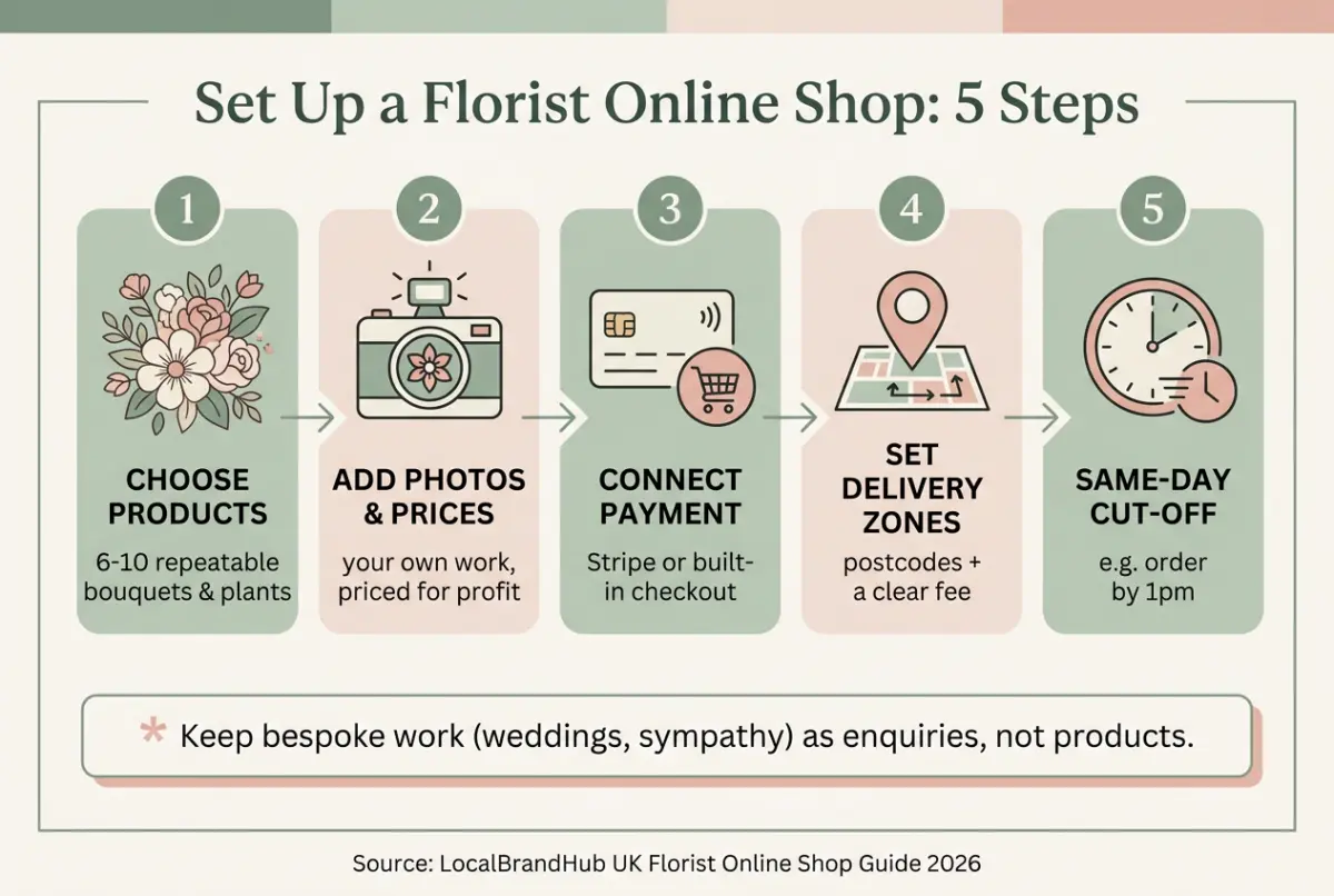 Florist online shop diagram — the five steps to set up online ordering from choosing products through payment, delivery zones and same-day cut-offs