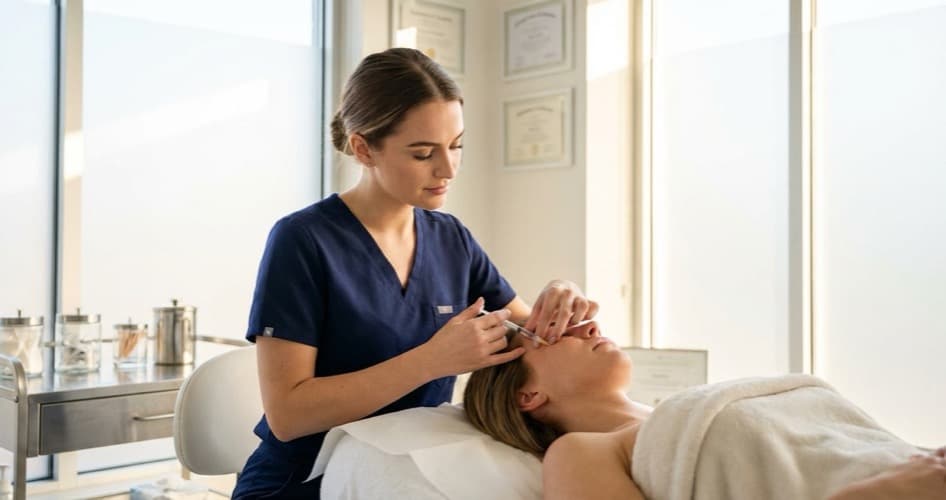 Young aesthetics practitioner in a training clinic practising injection technique on a model in a clinical setting