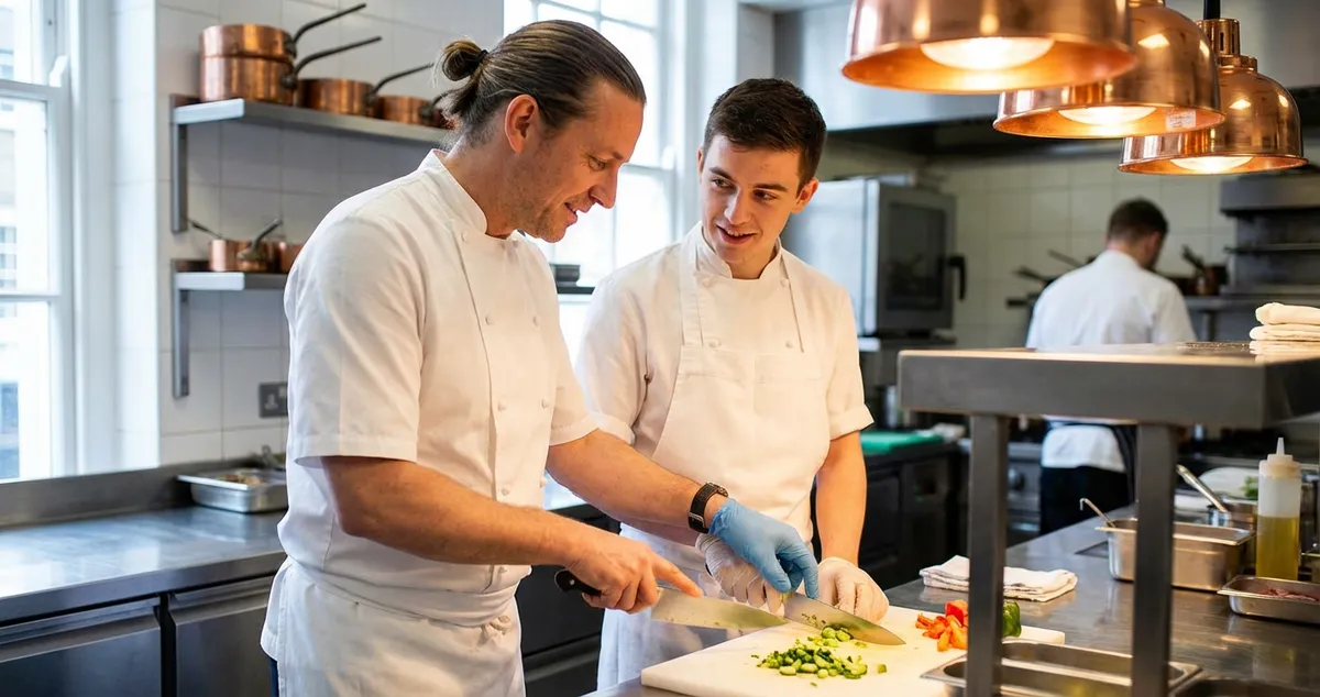UK restaurant manager training staff during a hands-on pre-shift briefing session