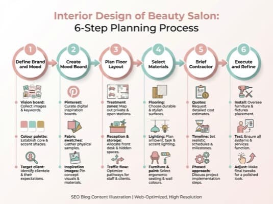 Infographic showing interior design of beauty salon 6-step planning process from brand definition to execution