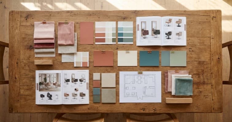 Mood board for interior design of beauty salon with fabric swatches, colour samples, and floor plan