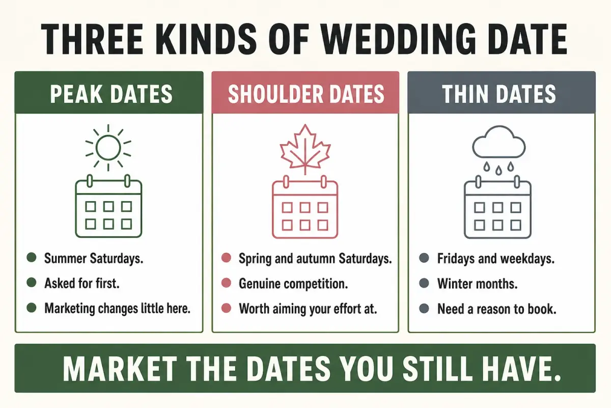 Diagram sorting a wedding florist's year into peak dates, shoulder dates and thin dates with the marketing instruction underneath