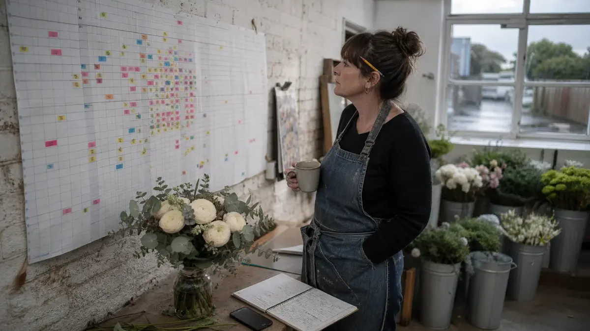 Marketing to engaged couples: a wedding florist in a denim apron reading the marked up year planner pinned to her workroom wall