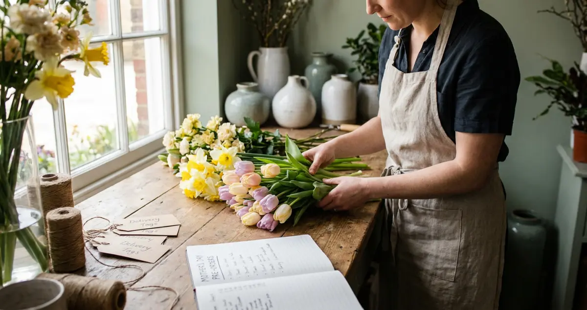 Mothers day florist marketing: a florist preparing spring bouquets of tulips and daffodils for Mother's Day, delivery labels and a pre-order list nearby