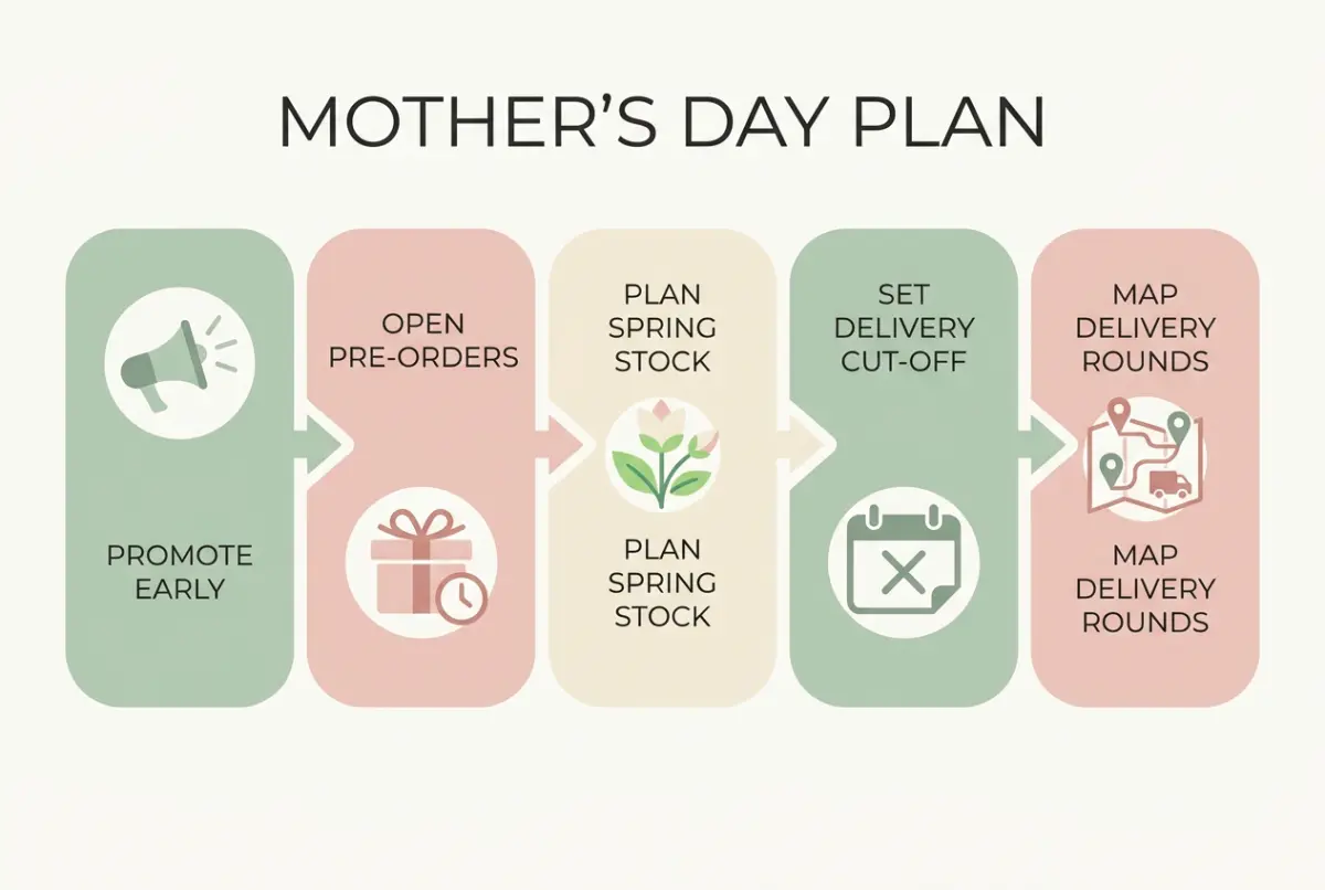 Mother's Day florist marketing diagram: a plan from early promotion and pre-orders through spring stock to a delivery schedule for the weekend
