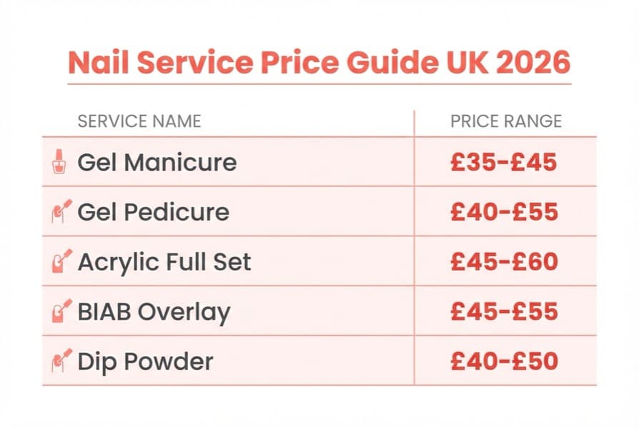 Nail Service Price Guide UK 2026 — table showing gel manicure, acrylic full set, BIAB overlay, gel pedicure, and nail art with typical UK price ranges for budget, mid-market, and premium tiers