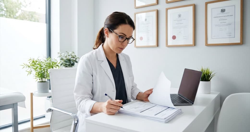 Aesthetics practitioner reviewing UK aesthetics regulations 2025 compliance documents