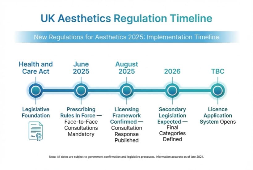 Timeline showing the implementation phases of the new regulations for aesthetics 2025: from the Health and Care Act (2022) through the June 2025 prescribing rules, August 2025 licensing framework confirmation, and 2026 secondary legislation and licence application rollout