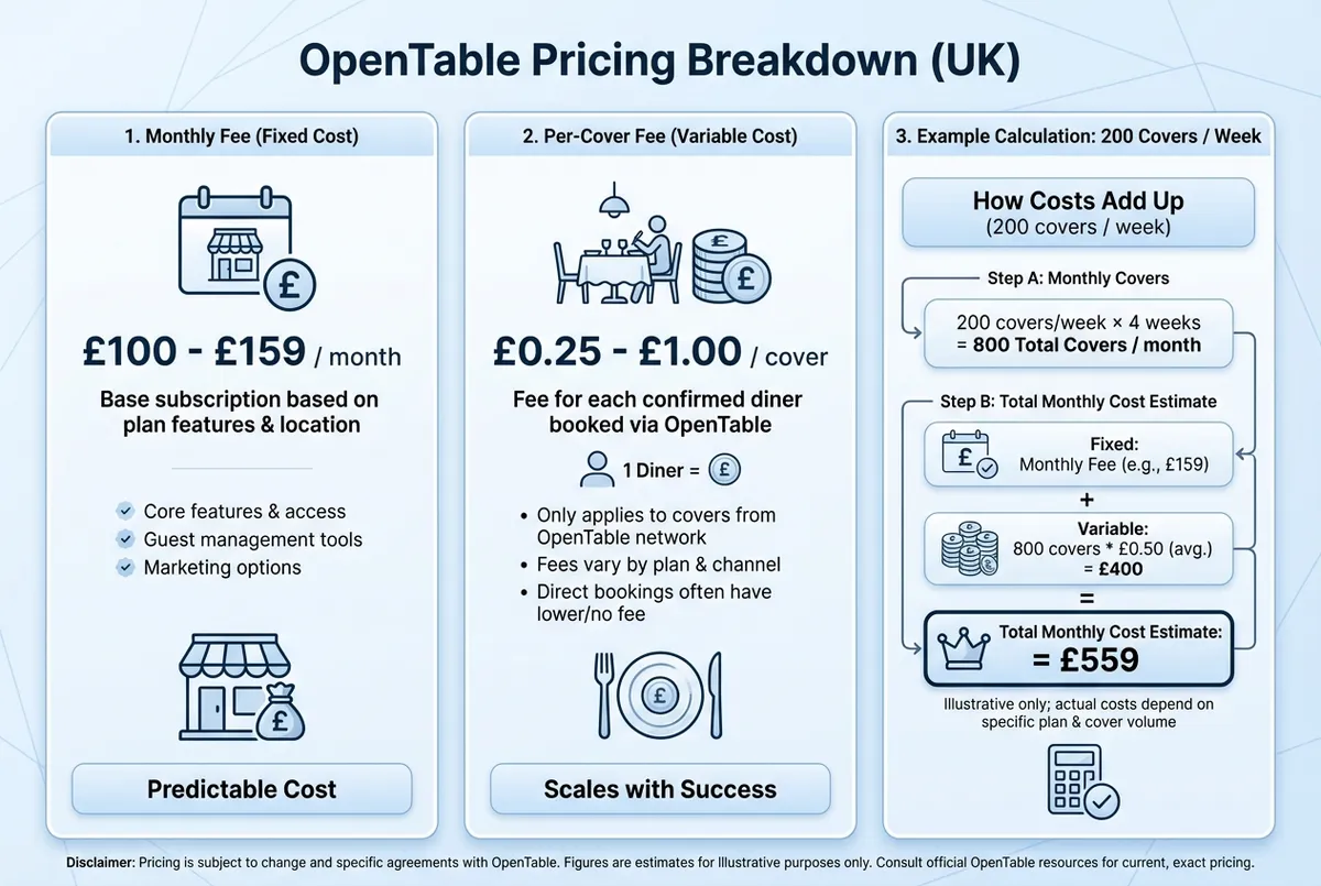 OpenTable UK pricing diagram showing monthly subscription fees of £100-£159 plus per-cover charges of £0.25-£1