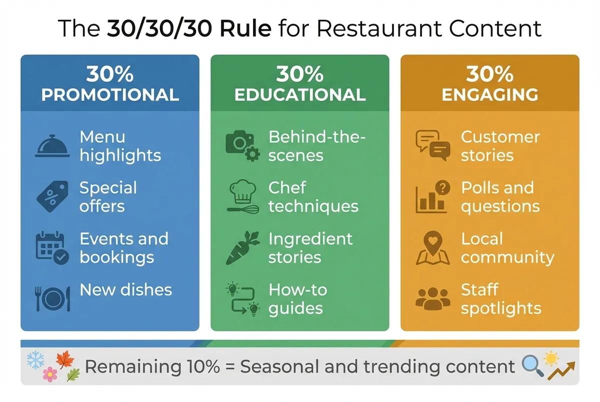 Diagram showing 30/30/30 content split for restaurant blog ideas and marketing