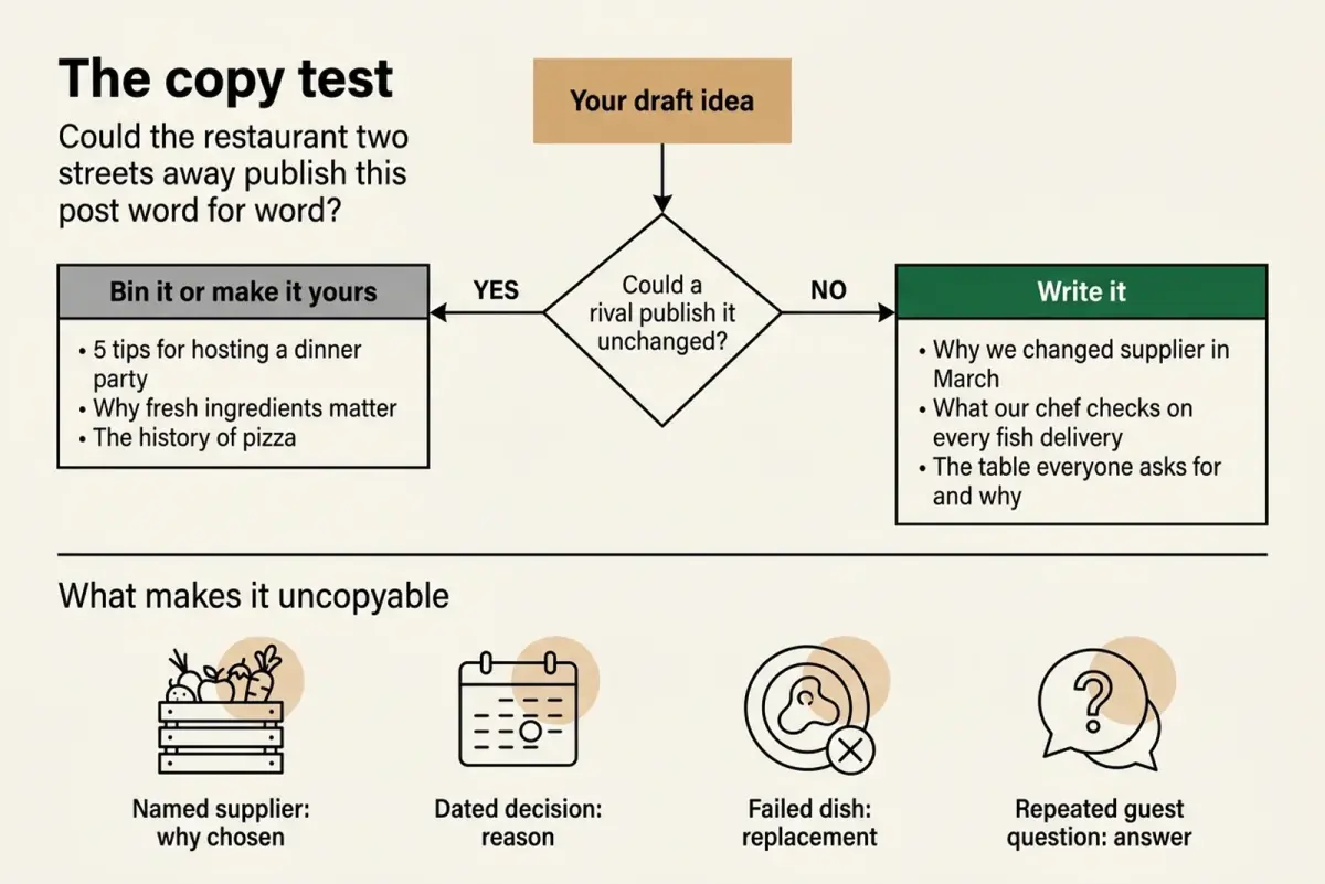 Diagram of the copy test sorting draft restaurant blog topics into bin it or write it