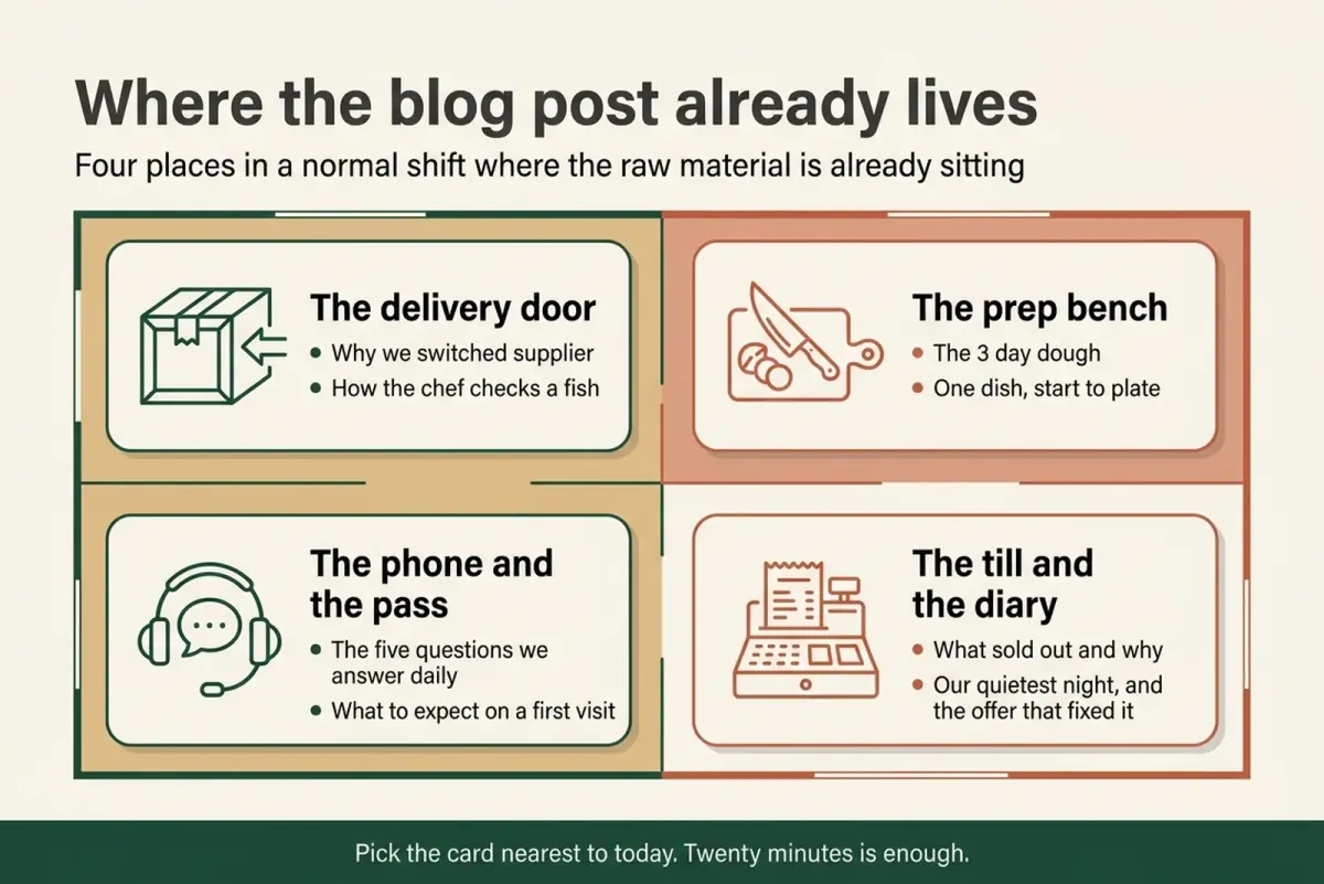 Infographic mapping restaurant post topics to the delivery door, prep bench, pass and till