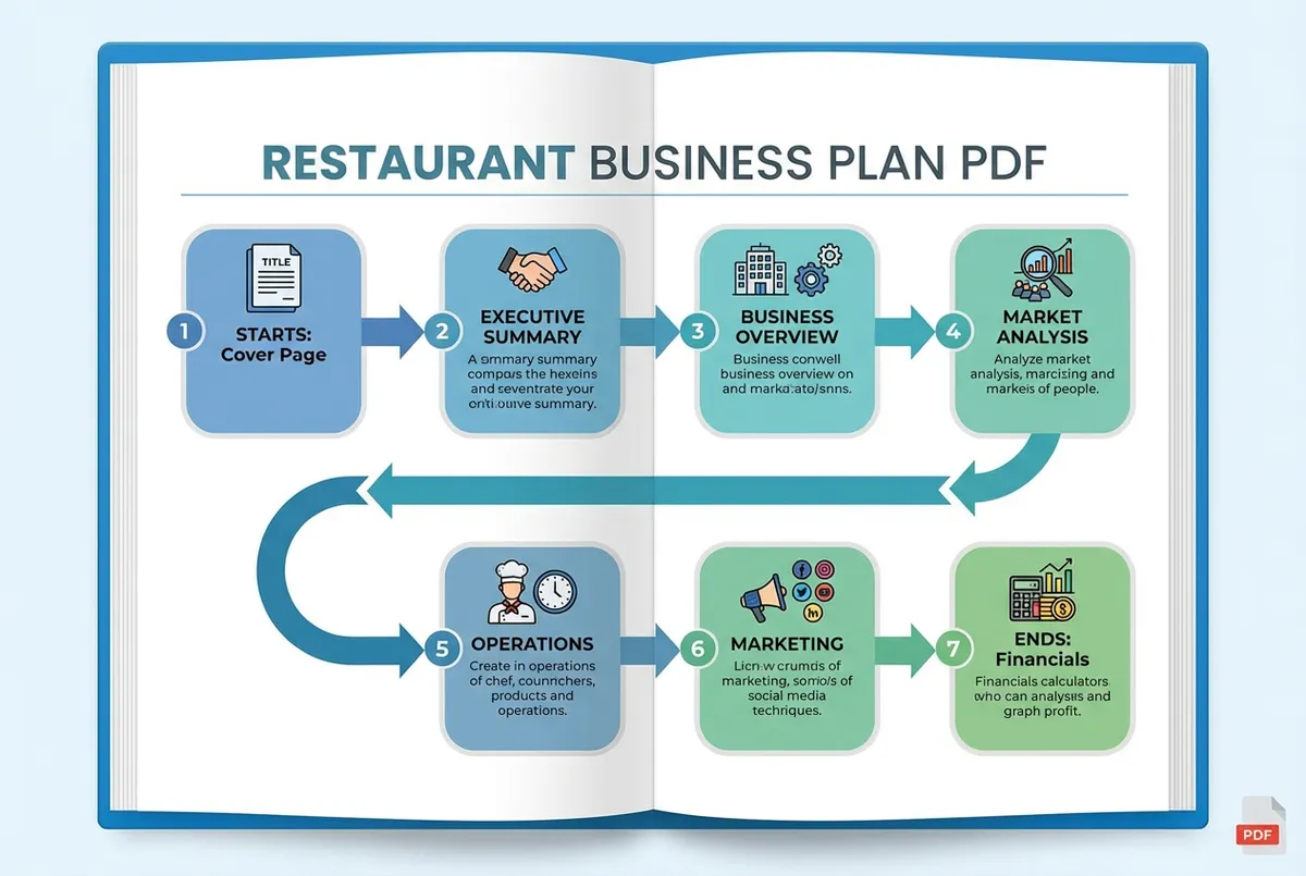 Diagram showing the 7 essential elements of a restaurant business plan PDF
