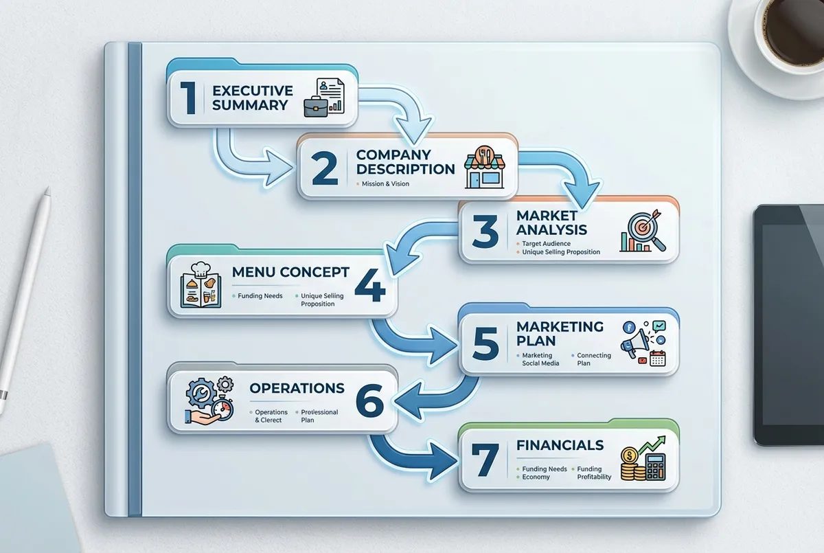 Diagram showing the 7 sections of a restaurant business plan template