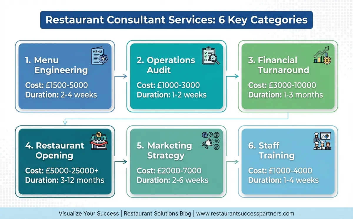 Diagram comparing six categories of restaurant consultant services with cost ranges and timeframes