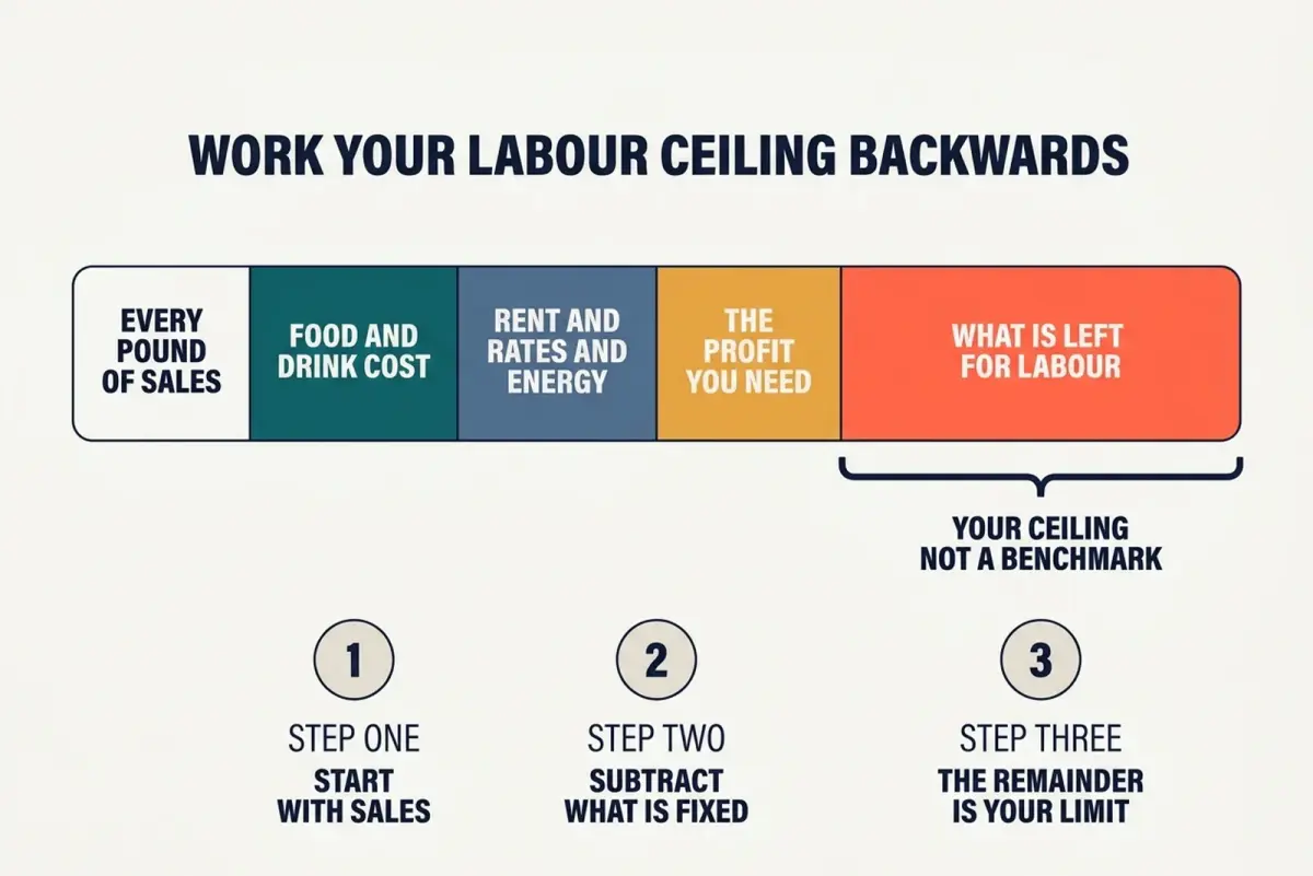 Horizontal bar dividing every pound of sales into food and drink cost, fixed overheads, required profit and the remainder available for labour