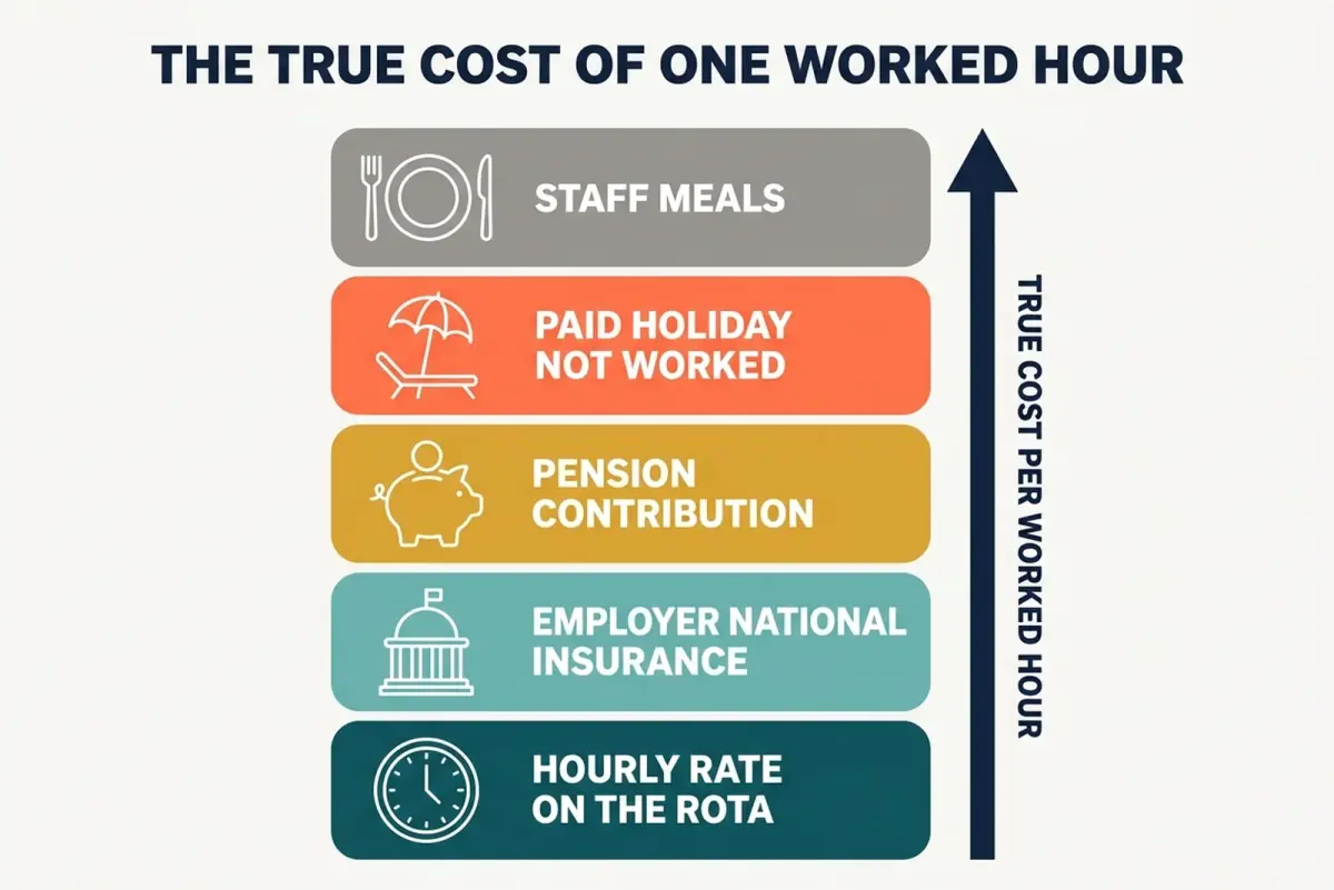 Stacked column diagram building from the hourly rate on the rota up through employer National Insurance, pension, unworked holiday and staff meals to the true cost per worked hour