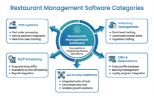Restaurant management software categories: POS, inventory, scheduling, CRM, and all-in-one