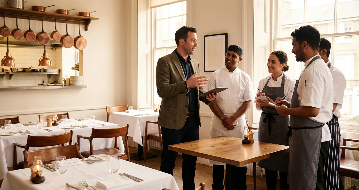 Restaurant manager leading a team briefing in a UK restaurant