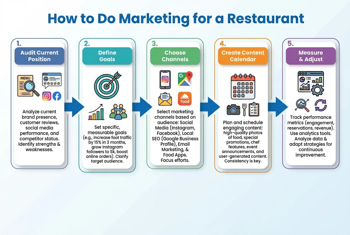 Step-by-step restaurant marketing process diagram