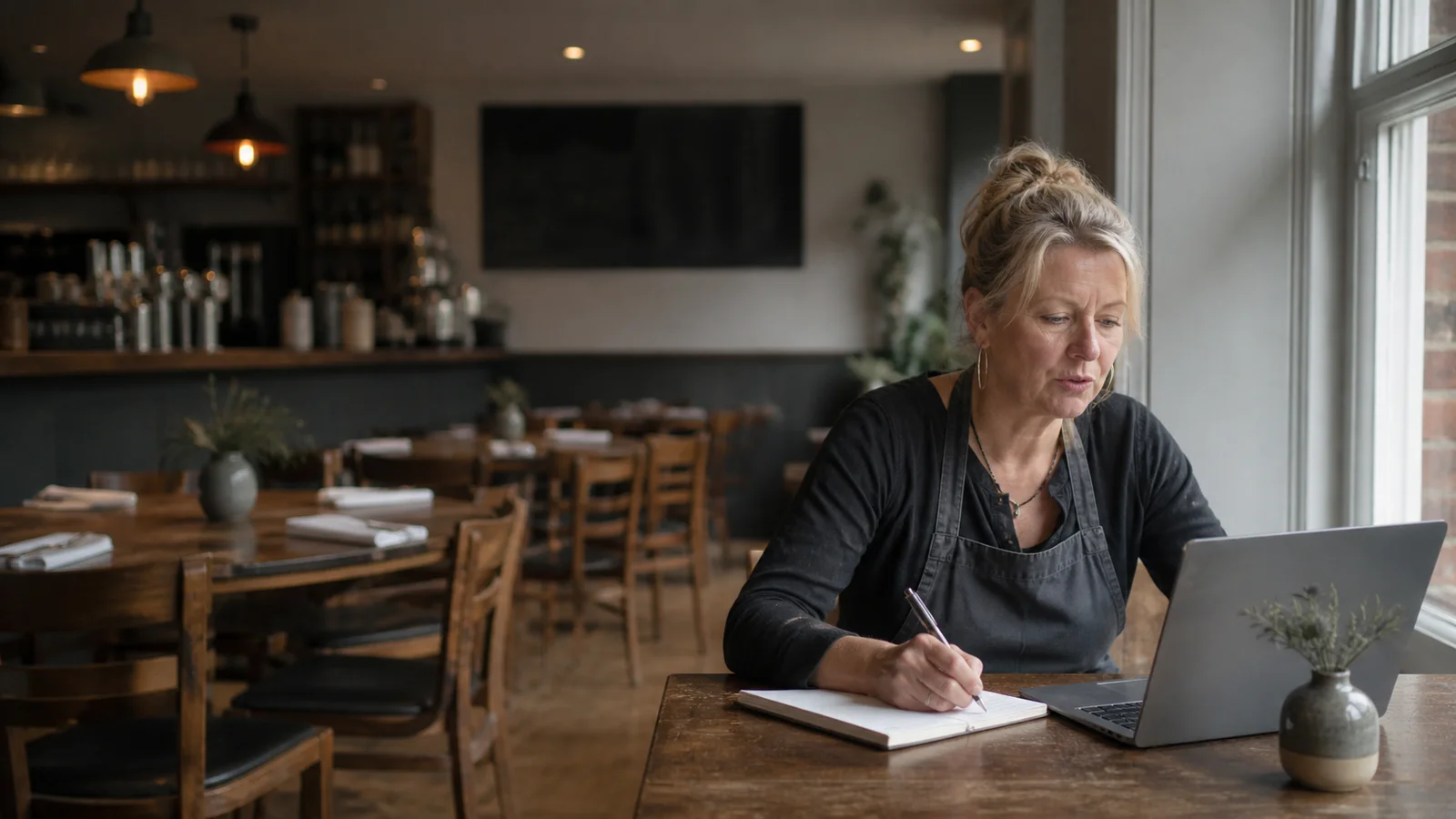 Restaurant owner writing the month's newsletter on a laptop before evening service