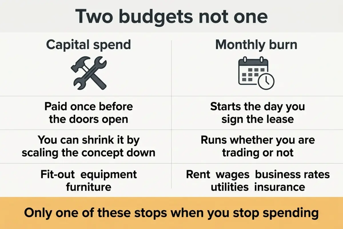 Diagram comparing one off capital spend with the recurring monthly burn of a new UK restaurant