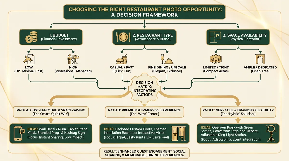 Decision-making flowchart showing how to choose restaurant photo booth ideas based on space, budget, and restaurant style