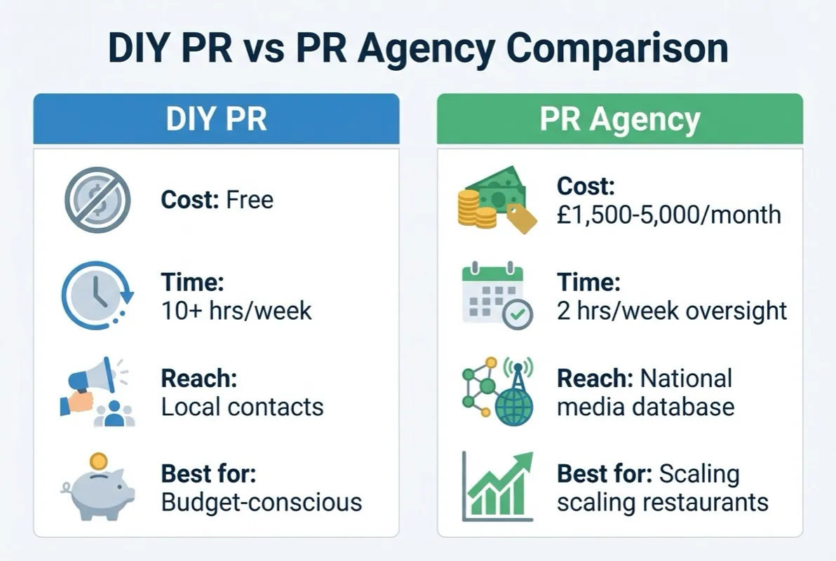Restaurant PR agency evaluation checklist showing questions about hospitality clients, journalist relationships, reporting, and case studies before signing