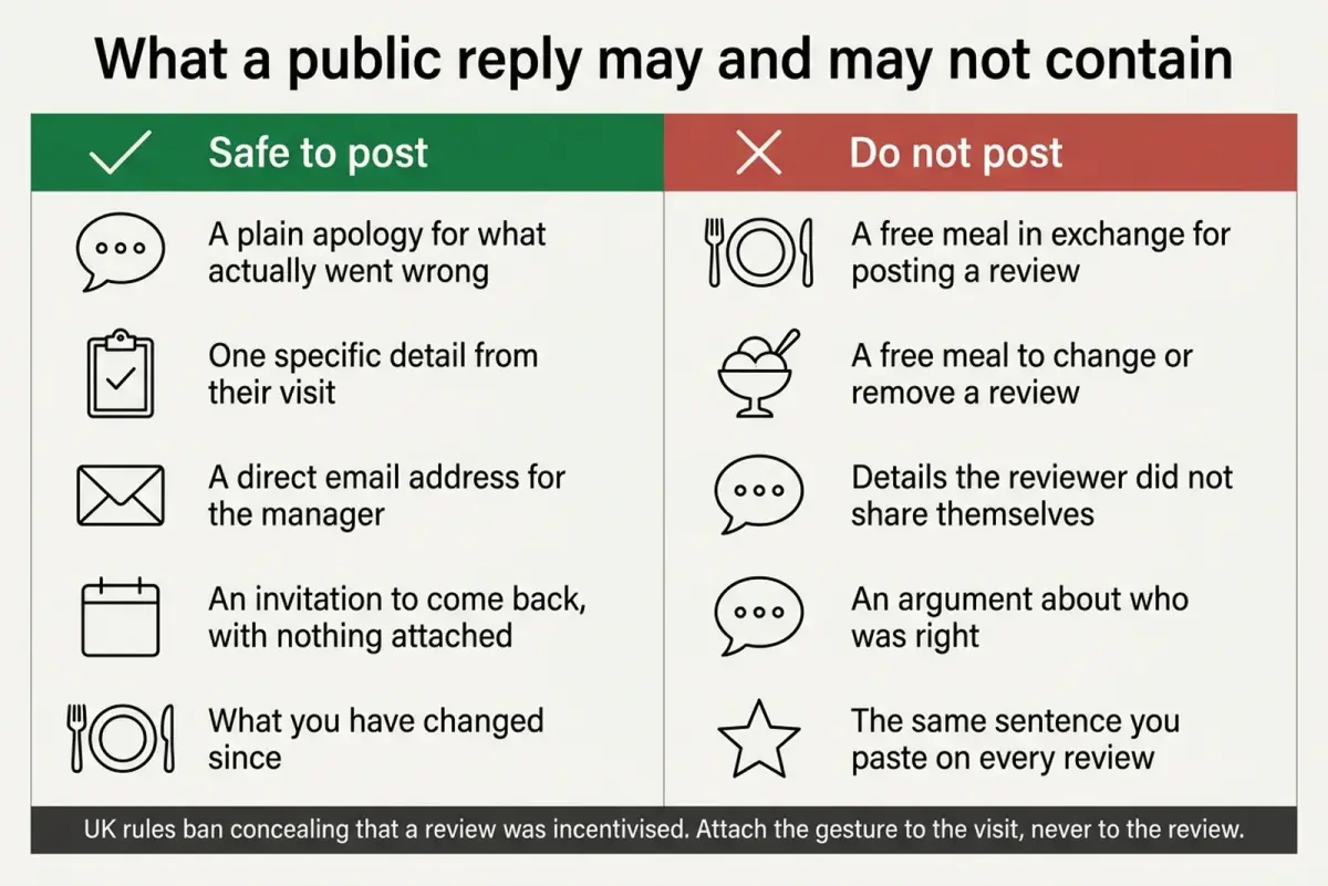 Comparison chart of what restaurant review response examples may and may not contain, allowed items against prohibited ones