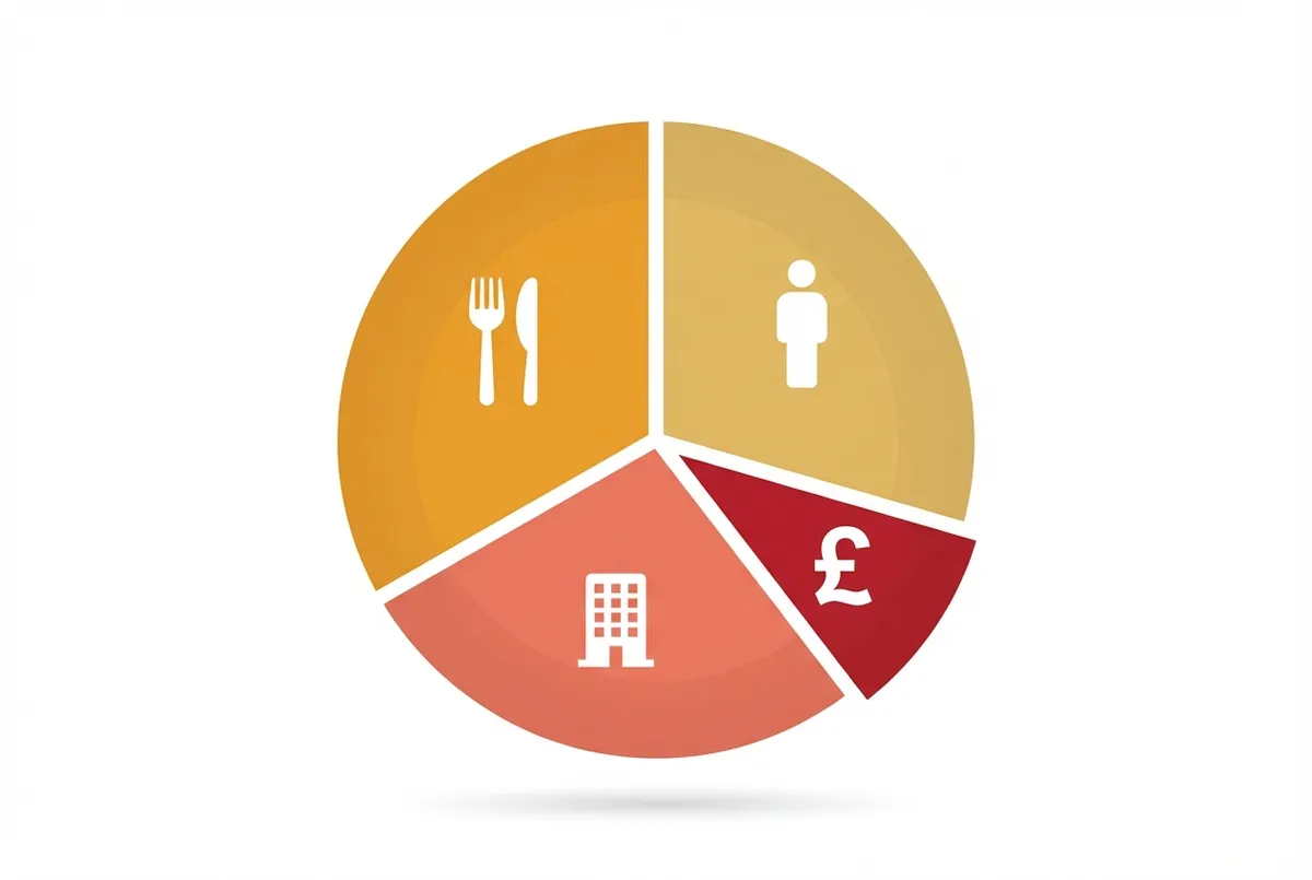 Pie chart explaining the 30/30/30 rule for restaurants showing budget allocation: 30% food costs, 30% labour costs, 30% overheads, and 10% profit margin