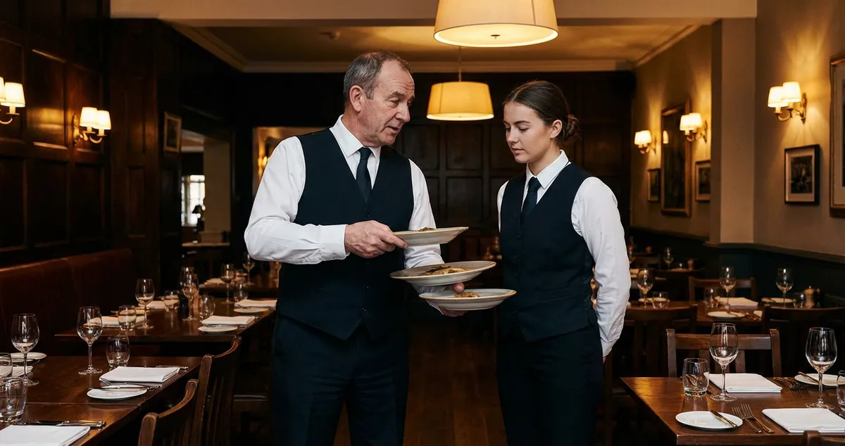 Professional server being trained in a UK restaurant setting