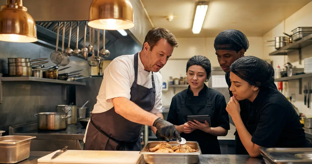 Manager demonstrating food safety procedures to staff in a UK restaurant kitchen